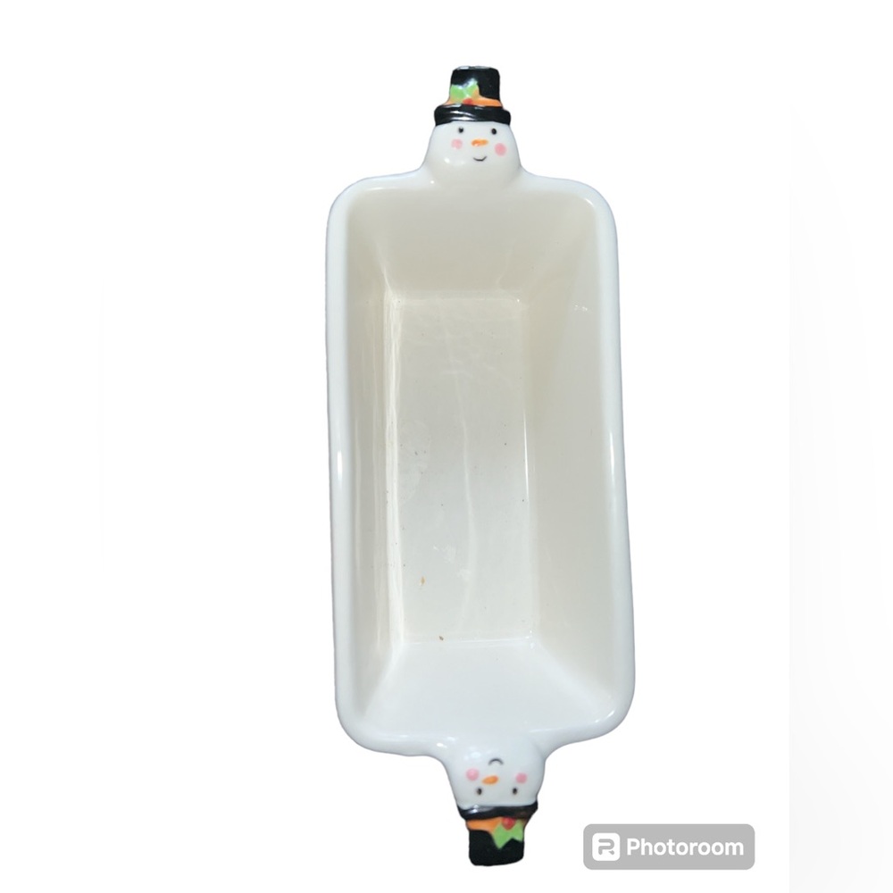 Snowman Mini Loaf pan  Christmas Snowmen Snowflakes Stoneware 6"